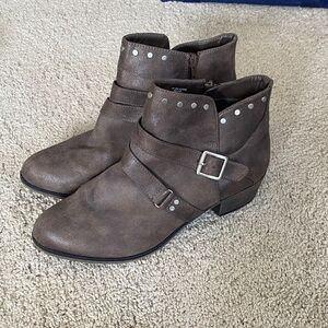Women's Brown Studded Buckle Ankle Boots